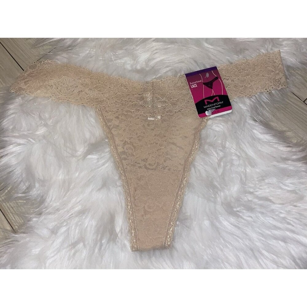 Maidenform Sexy Must Have Sheer Lace Thong Panties DMESLT Womens 9 2XL XXL Beige
